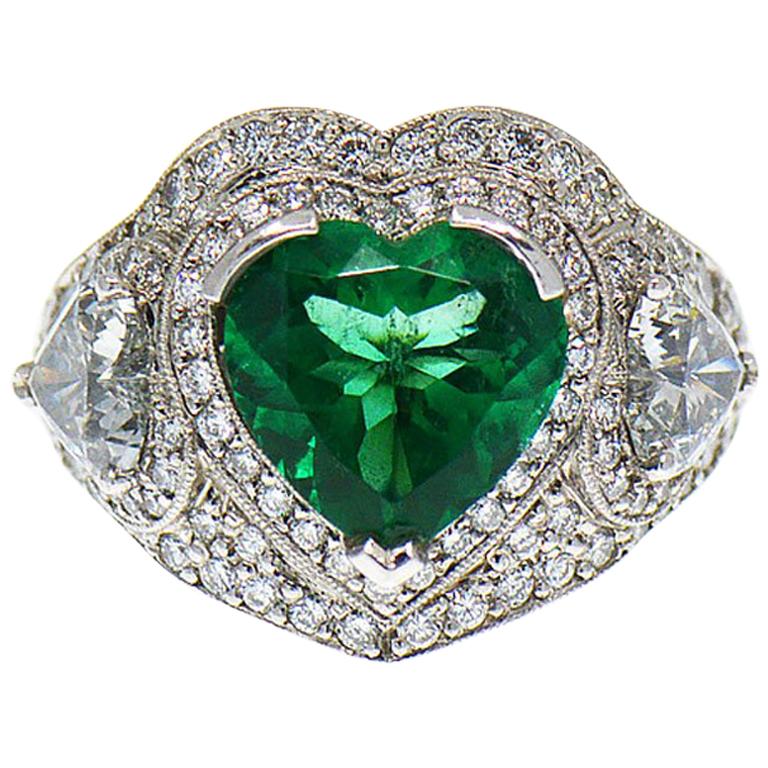 5 Carat Fine Colombian Heart Shape Emerald & Diamond Pave' Platinum Ring, GIA