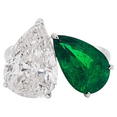 5 Carat G Color Pear Diamond & 2.7 carat GRS Certified Emerald Twin Ring Unique