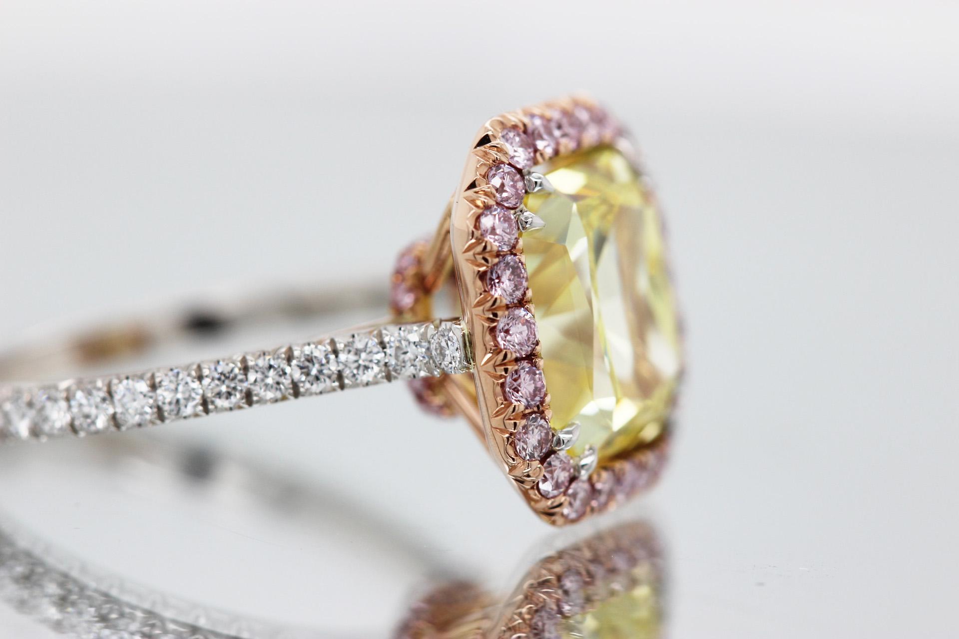 GIA-certified 5+ carat Fancy Vivid Yellow radiant-cut natural diamond engagement ring set in platinum and 18k rose gold. Natural Fancy Pink diamond halo engagement ring with 5.07 carat radiant cut Fancy Vivid Yellow center stone.

Perfect for lovers