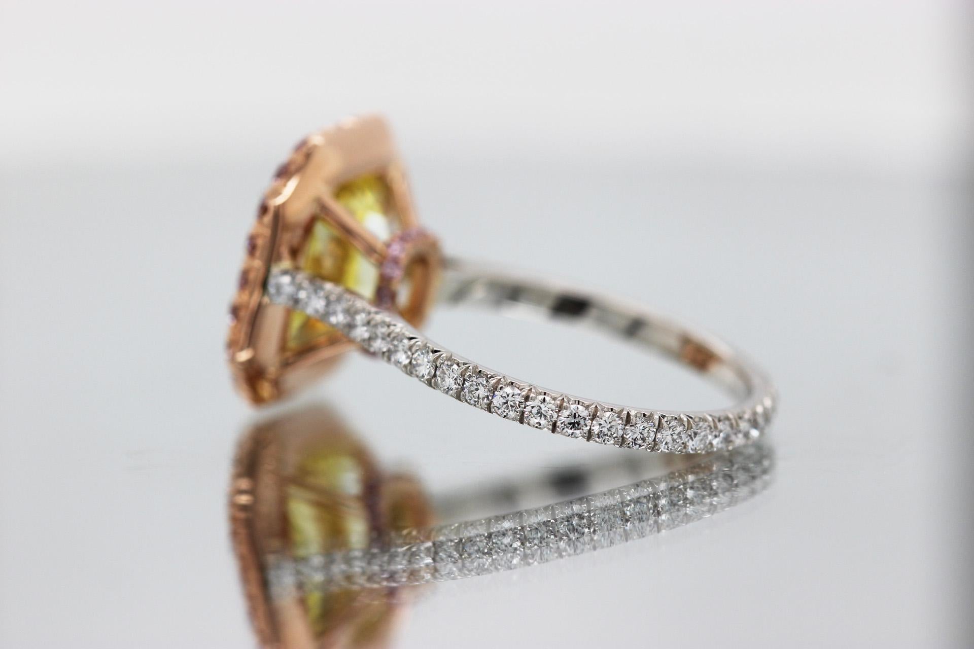 Contemporary 5+ Carat GIA Fancy Vivid Yellow Radiant Diamond Engagement Ring Pink Diamond 18k For Sale