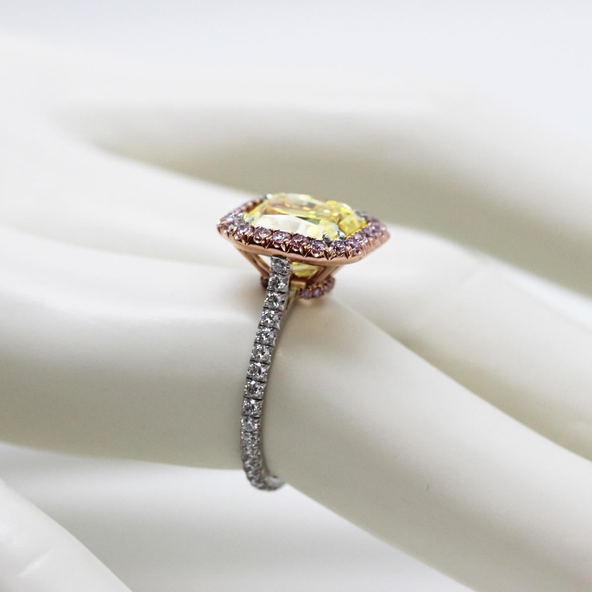Radiant Cut 5+ Carat GIA Fancy Vivid Yellow Radiant Diamond Engagement Ring Pink Diamond 18k For Sale