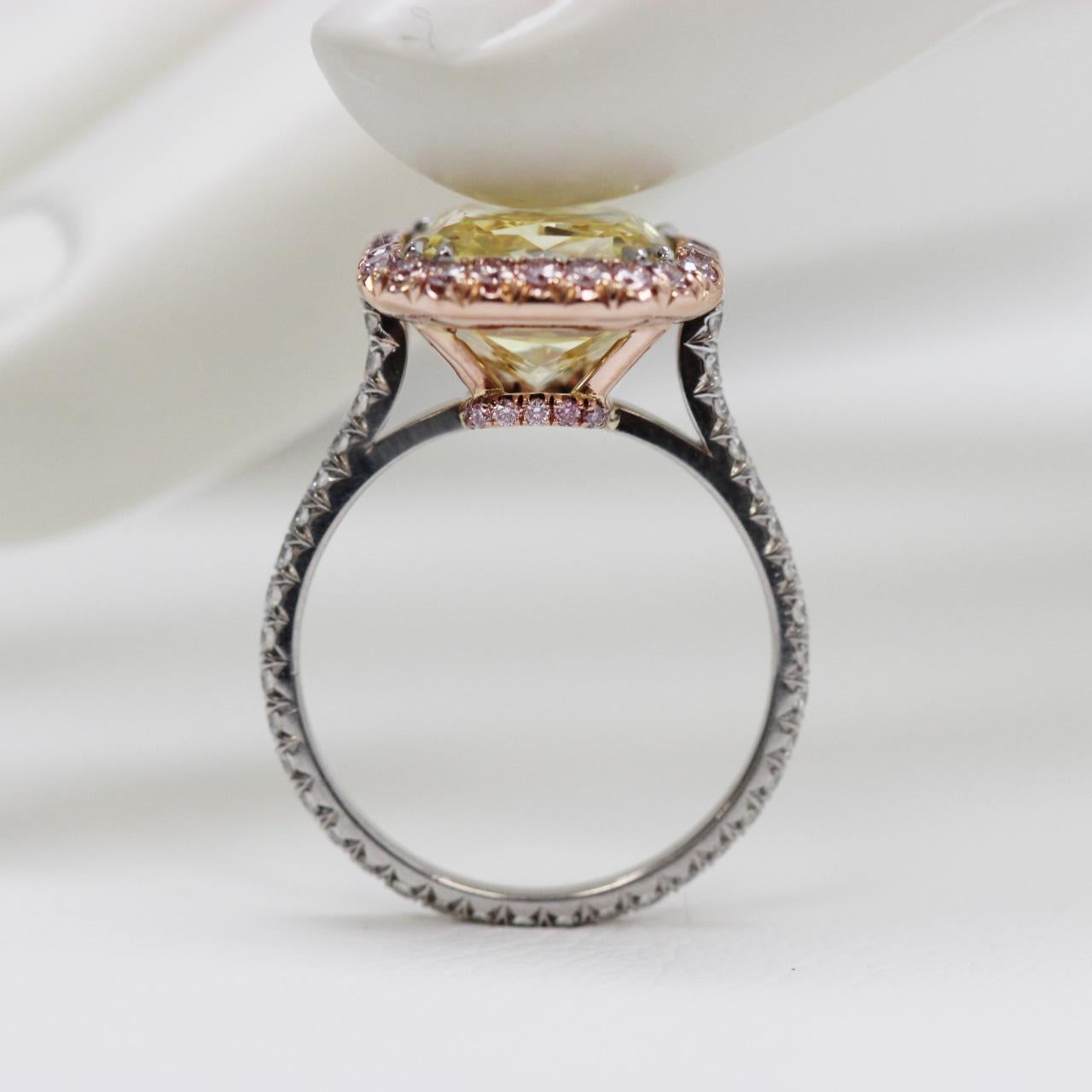5+ Carat GIA Fancy Vivid Yellow Radiant Diamond Engagement Ring Pink Diamond 18k In New Condition For Sale In New York, NY
