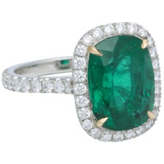 Vintage 5 Carat Green Emerald Cushion Cut Diamond Halo Ring GIA Certified No Oil