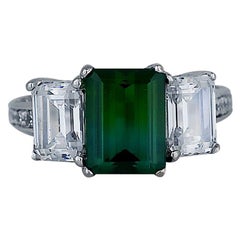 5 Carat Green Tourmaline and Diamond Three-Stone Ring