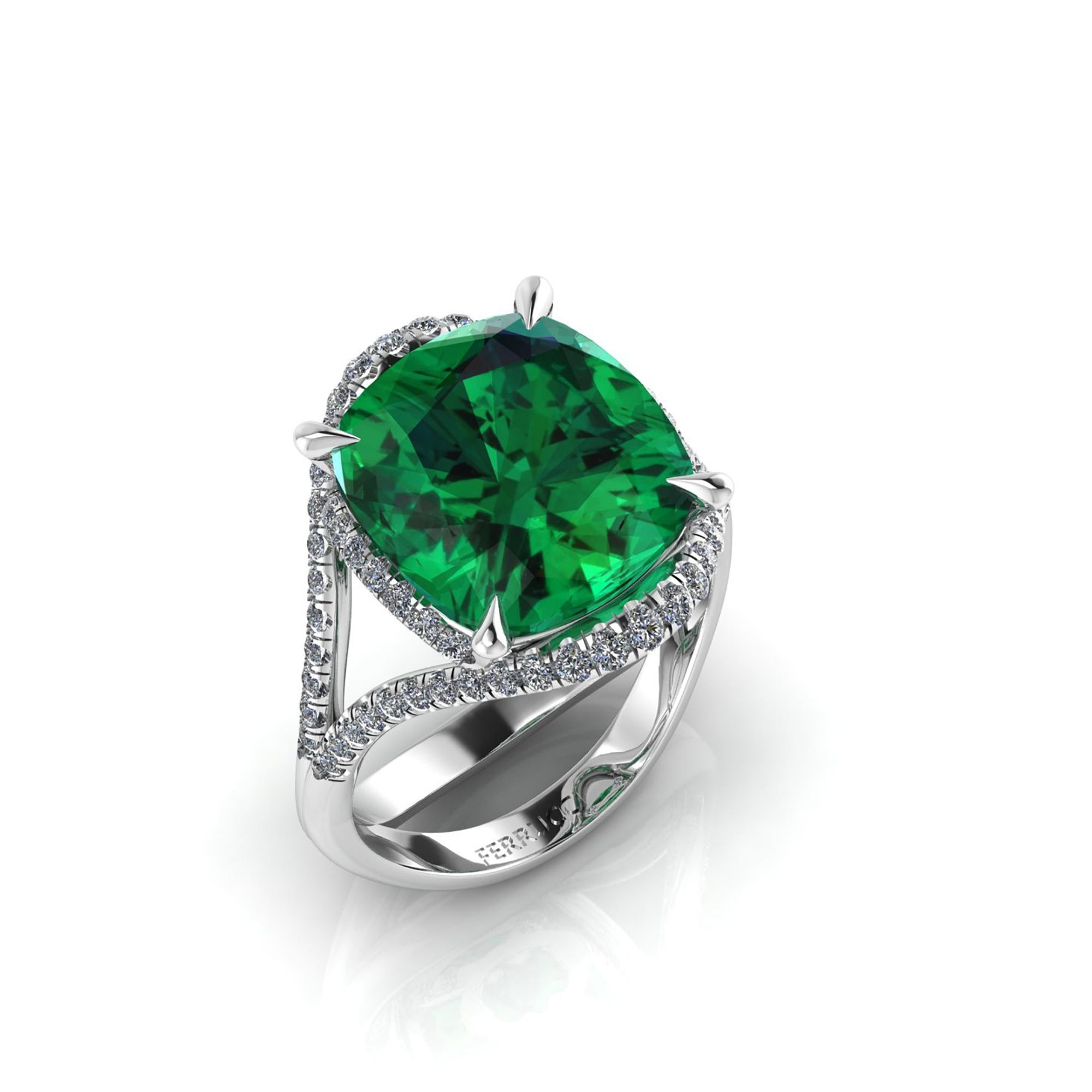  5 deep electric Green natural Tourmaline in a one of a kind, hand made Platinum 950, adorned by 0.60 carats of white diamonds pave, designed and conceived in New York City. 
This ring is made to order to guarantee the absolute immaculate conditions