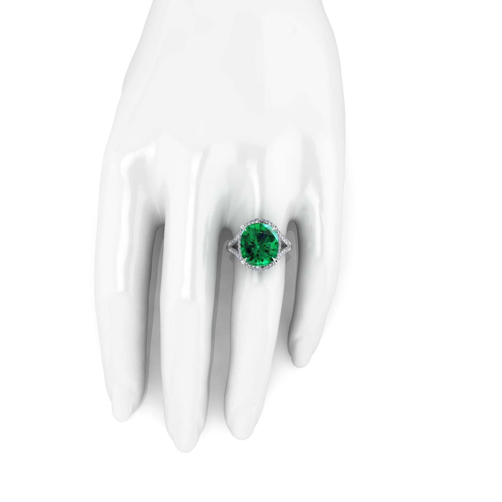 Women's 5 Carat Green Tourmaline Cushion Cut Diamonds Platinum 950 Cocktail Ring For Sale