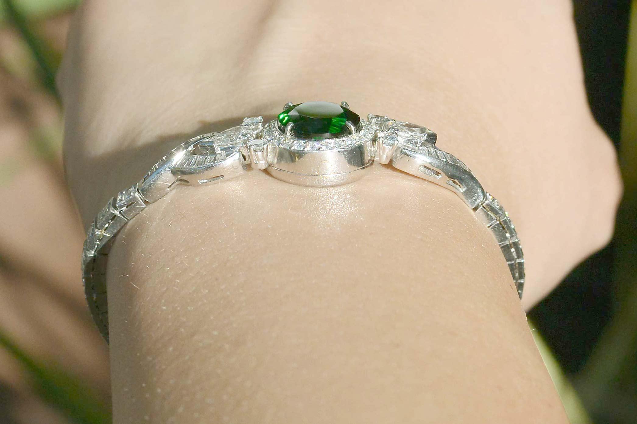 Round Cut 5 Carat Green Tourmaline Diamond Art Deco Platinum Cocktail Bracelet