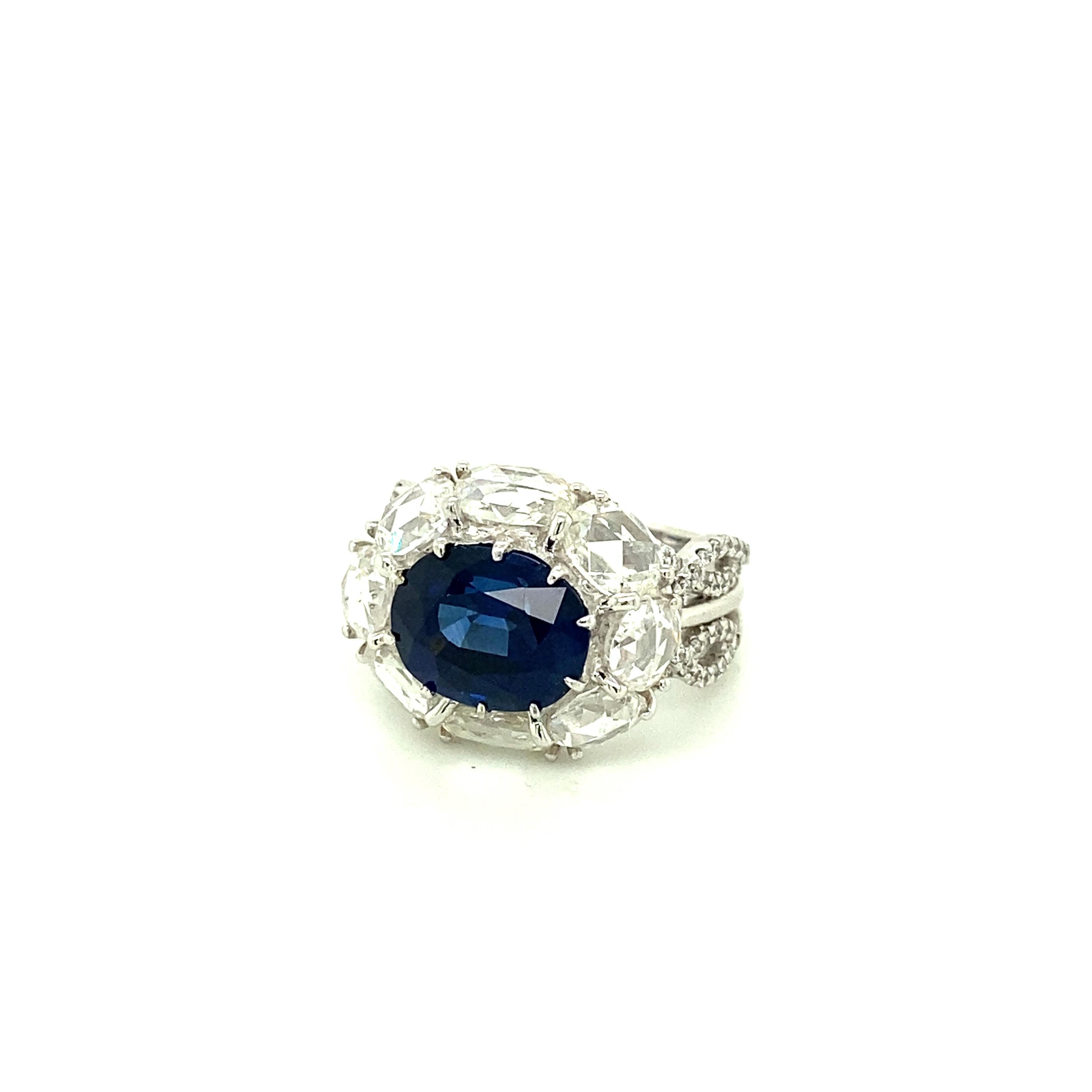 Oval Cut 5 Carat GRS Certified Royal Blue Sapphire and White Diamond Gold Engagement Ring