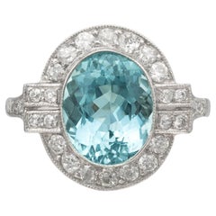 5 Carat Halo Natural Aquamarine Ring, White Gold Vintage Diamond Engagement Ring