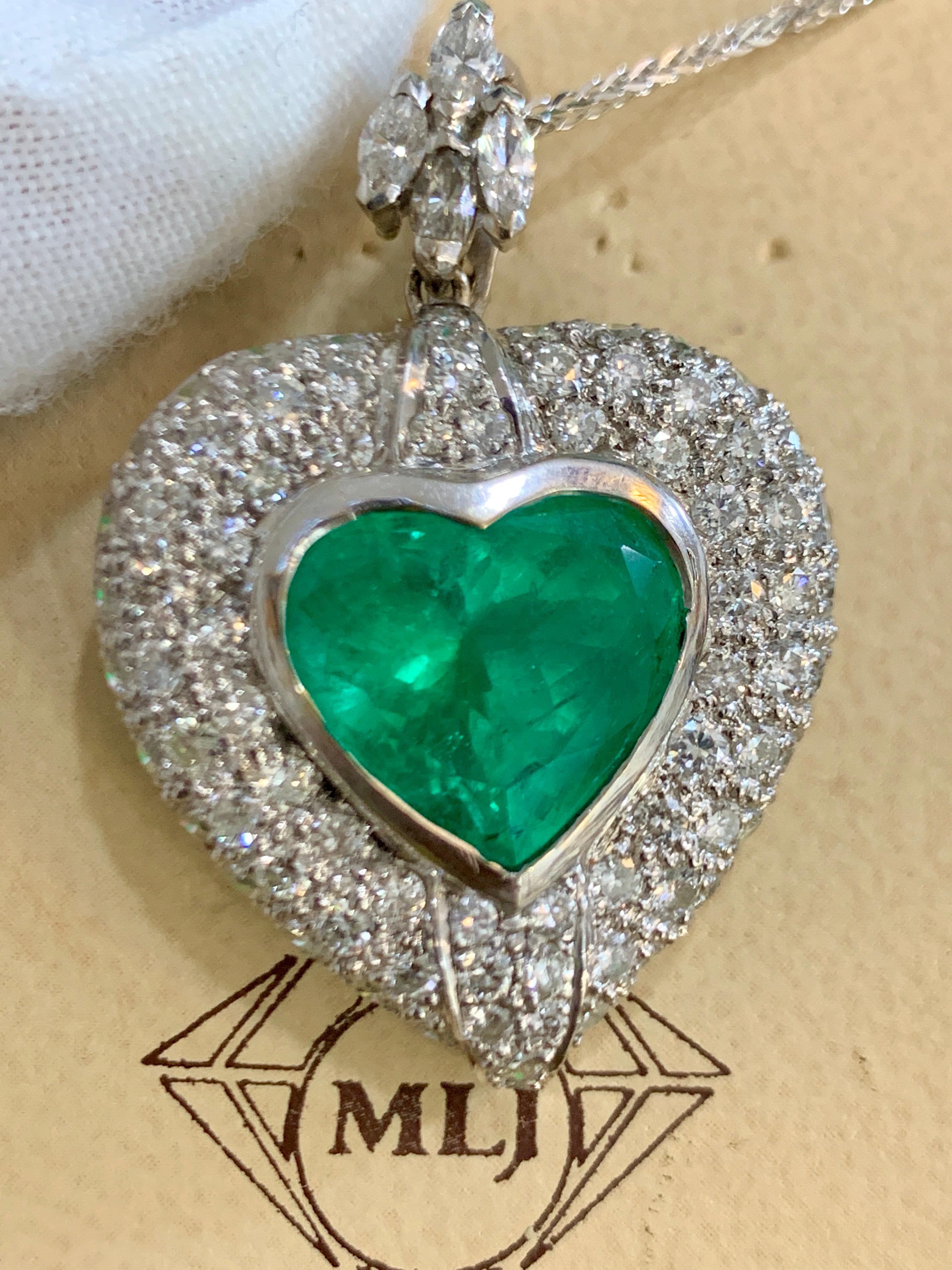 Heart Cut 5 Carat Heart Shape Colombian Emerald and Diamond Pendant Necklace Enhancer