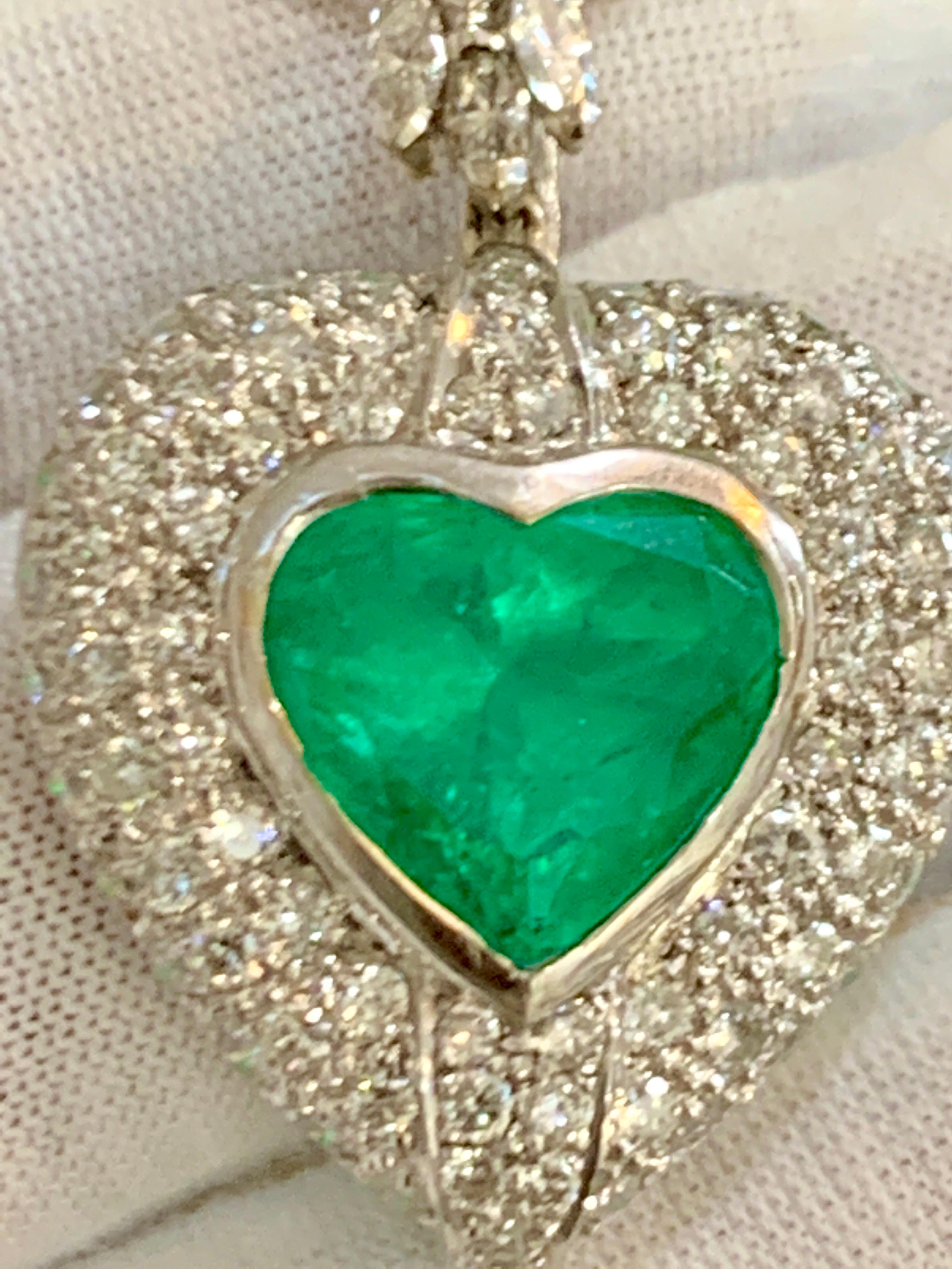 Women's 5 Carat Heart Shape Colombian Emerald and Diamond Pendant Necklace Enhancer