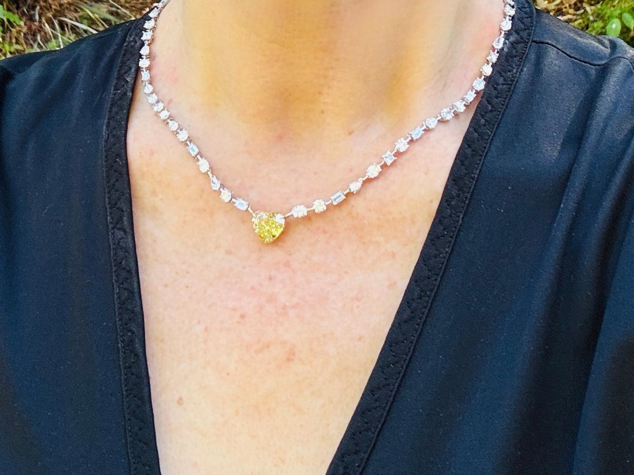 Heart Cut 5 Carat Heart Shaped Fancy Yellow Diamond Necklace In 18 Karat Gold GIA Report For Sale