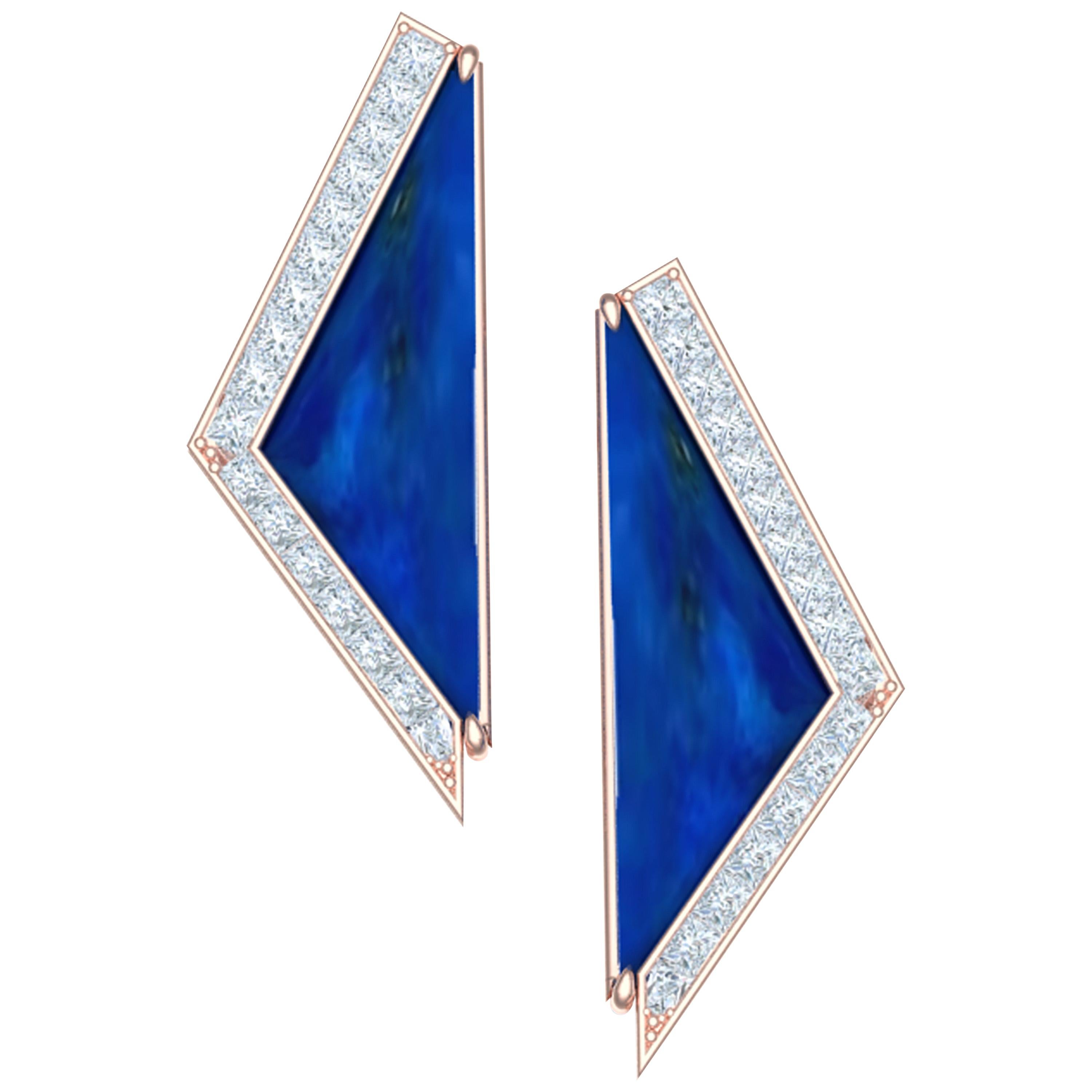 Boucles d
oreilles princesse en or rose 18 carats serties de lapis de 5 carats et de diamants