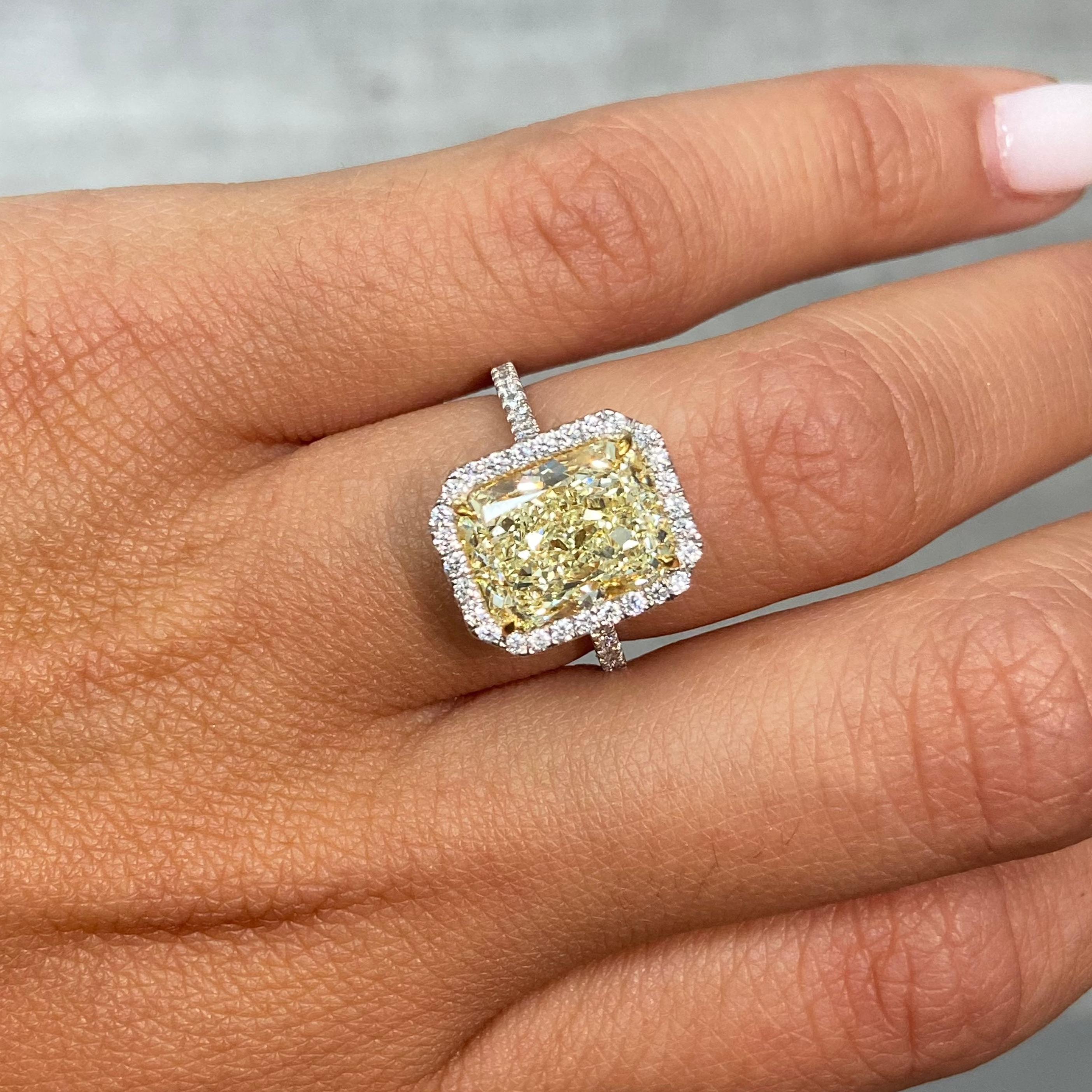 5 Carat Light Yellow Radiant Cut Diamond Halo Engagement Ring In New Condition In New York, NY