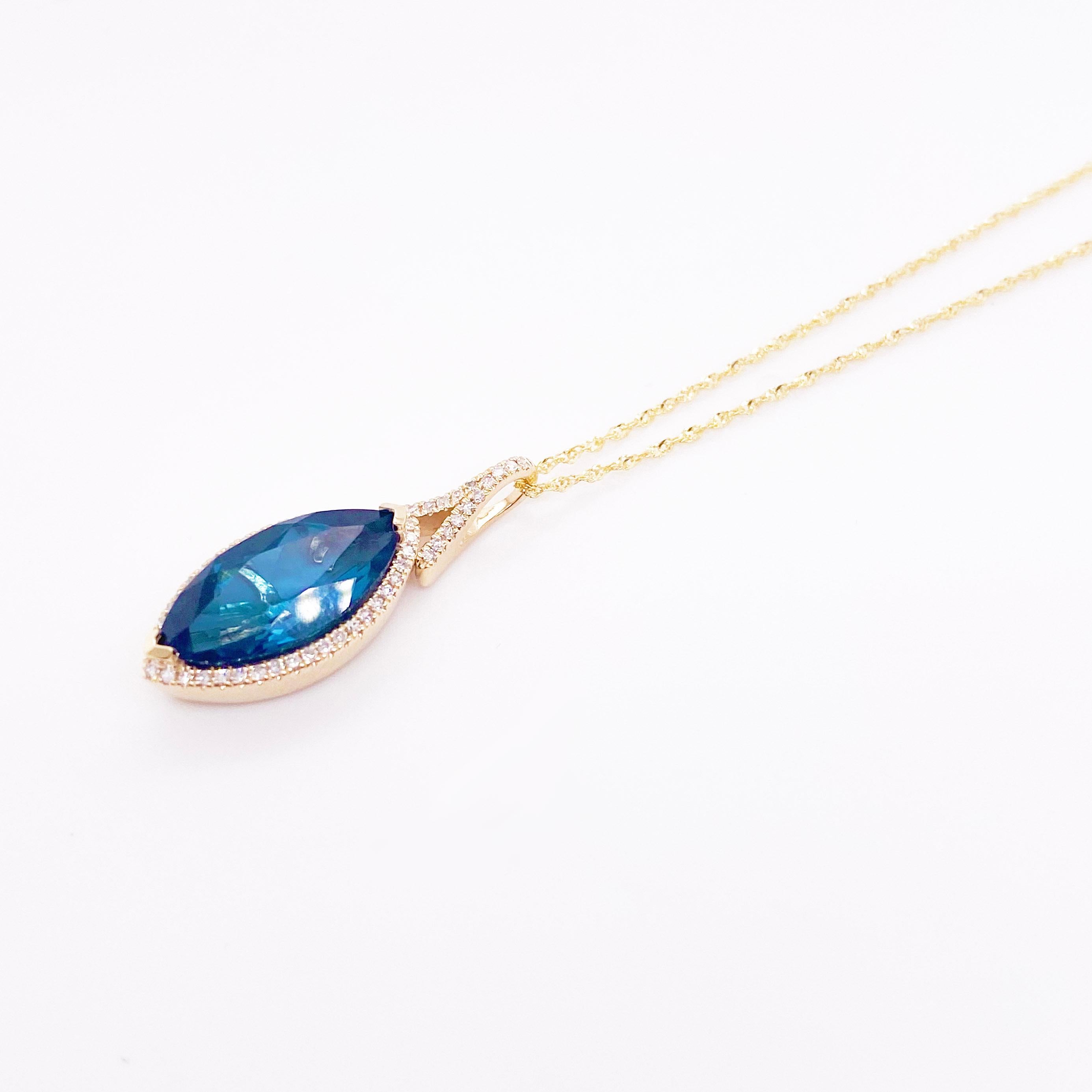 Contemporary London Blue Topaz Pendant Necklace, Diamond Halo, Yellow Gold, 5 Carat Topaz