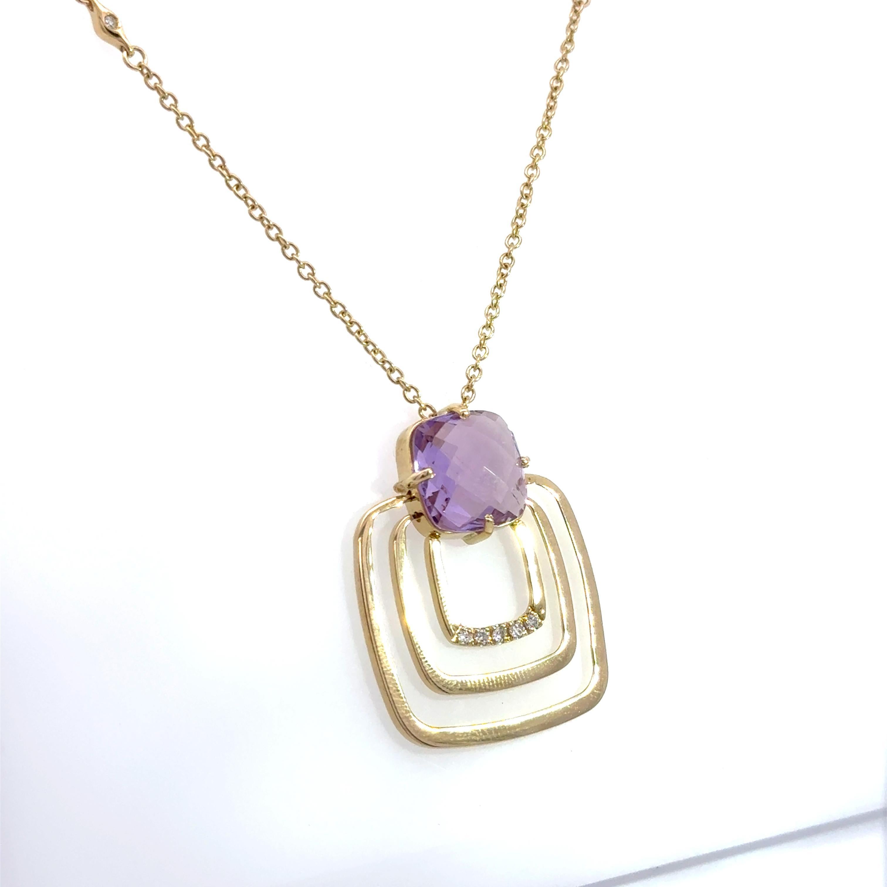 Retro 5 Carat Made In Italy Amethyst and Diamond Pendant Necklace in 14K Gold