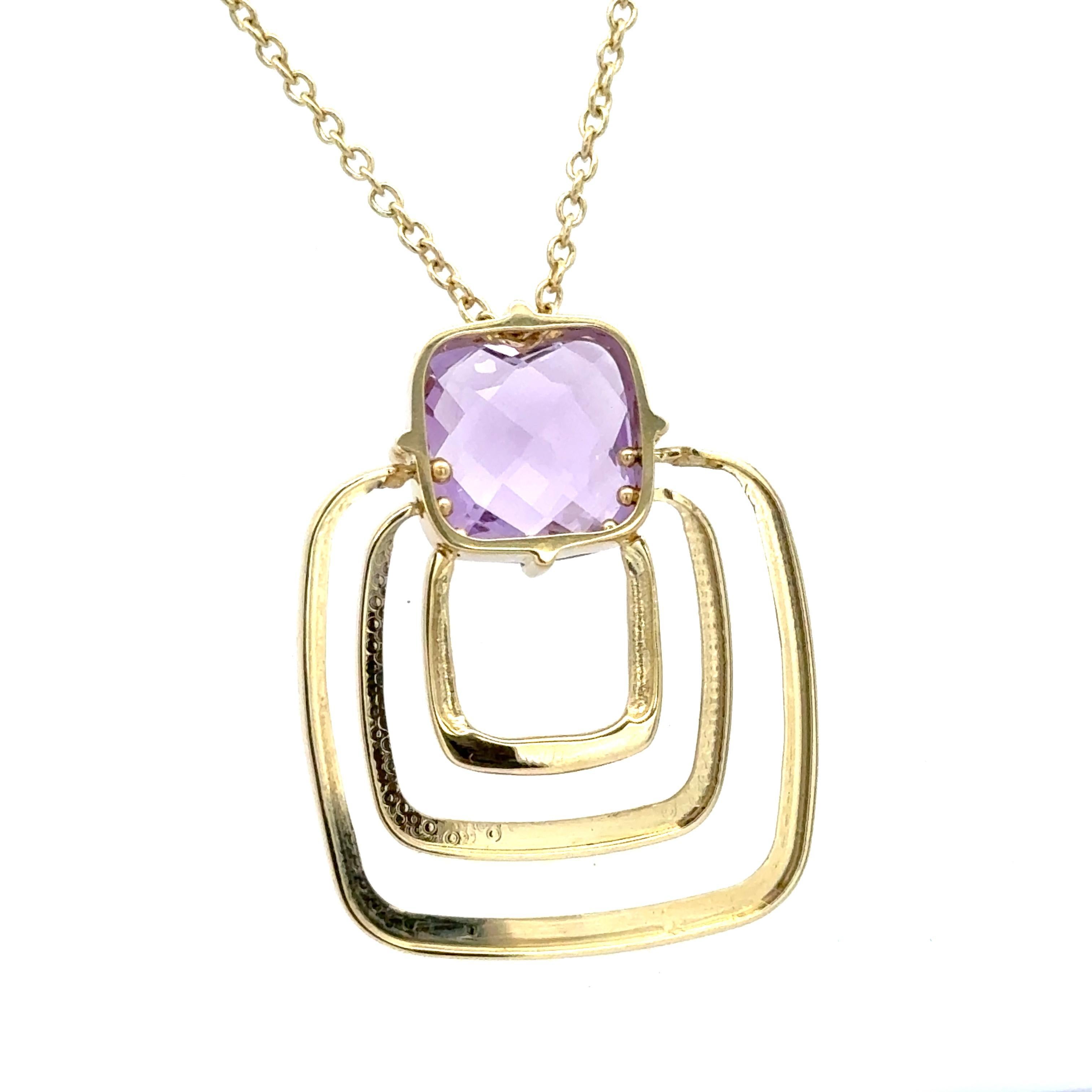 Cushion Cut 5 Carat Made In Italy Amethyst and Diamond Pendant Necklace in 14K Gold