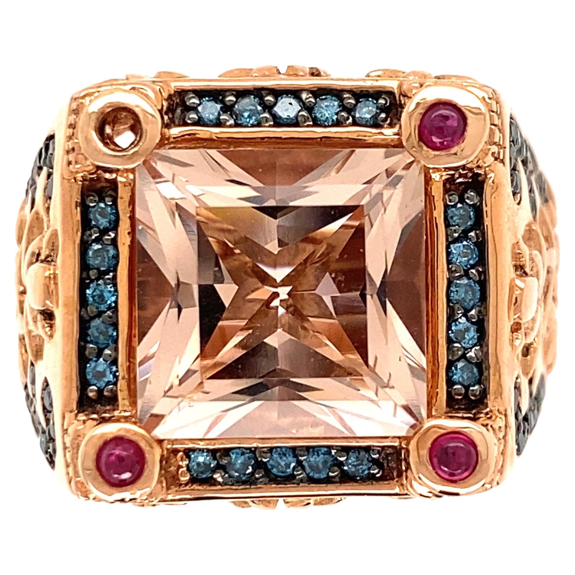 5 Carat Morganite Blue Diamond and Ruby Rose Gold Ring Estate Fine Jewelry For Sale
