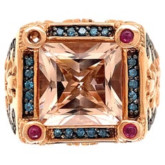 5 Carat Morganite Blue Diamond and Ruby Rose Gold Ring Estate Fine Jewelry