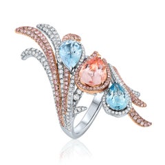 5 Carat Natural Aquamarine & Morganite with Pink diamond Cocktail Ring 18K Gold