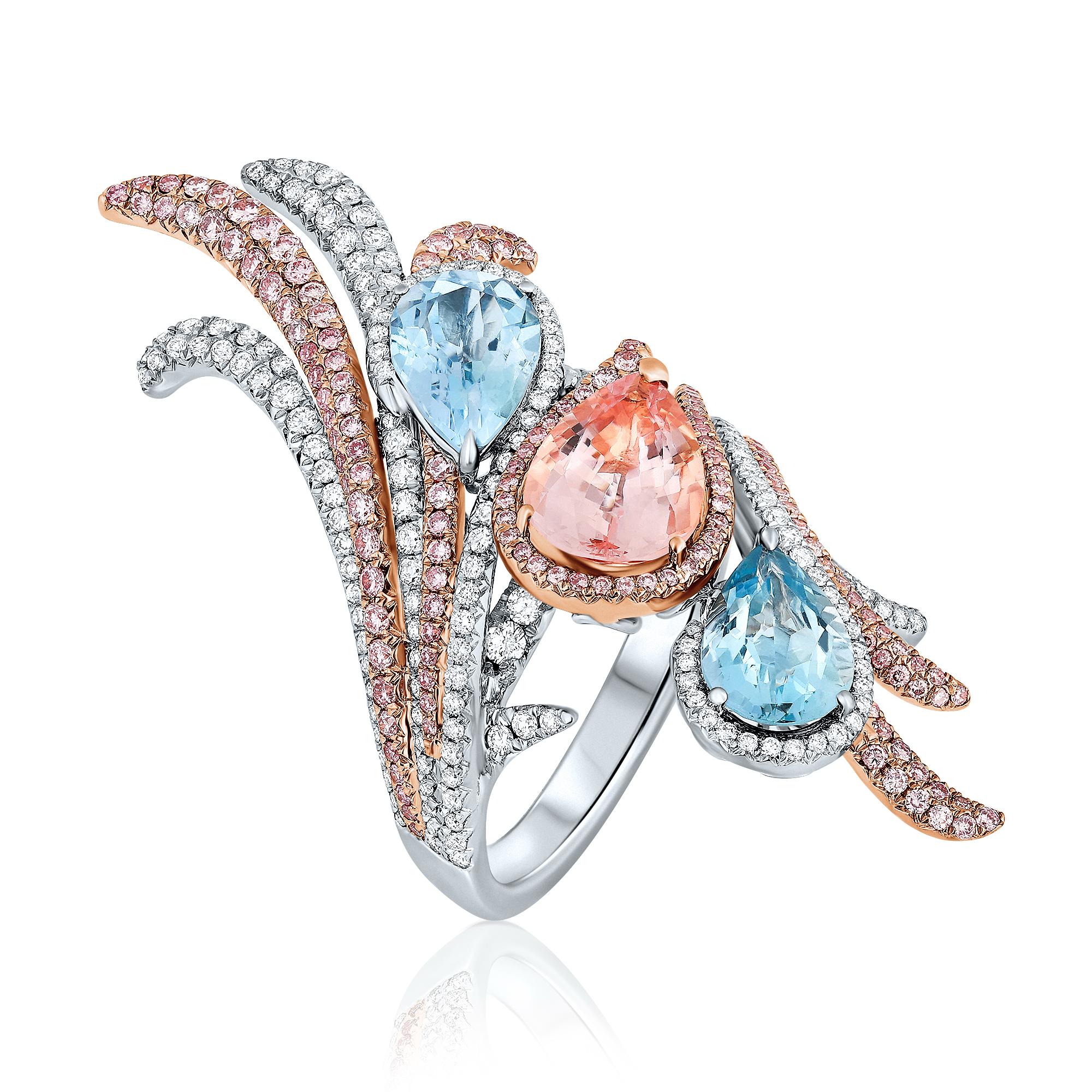 Pear Cut 5 Carat Natural Aquamarine & Morganite with Pink diamond Cocktail Ring 18K Gold For Sale