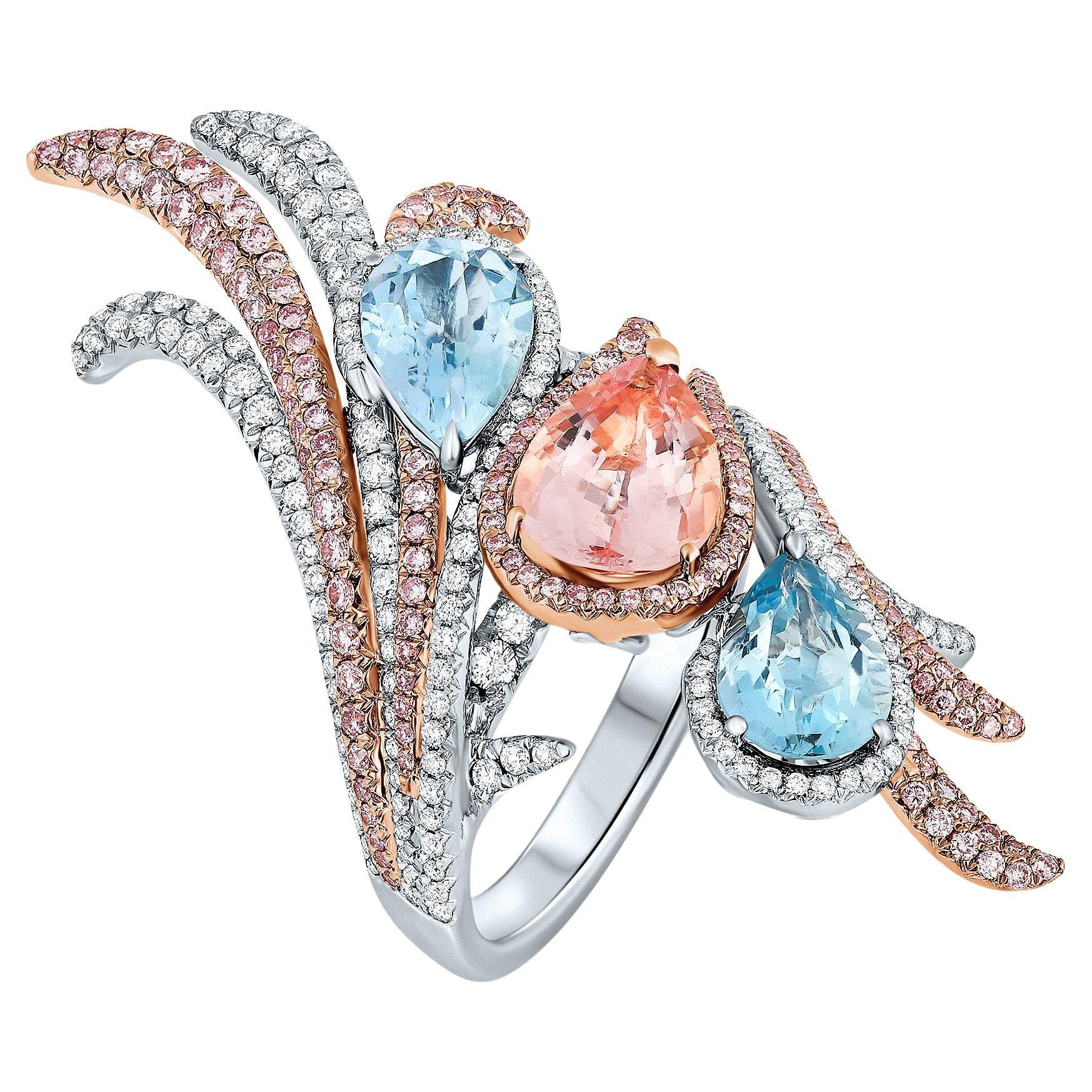 Anello da cocktail con acquamarina e morganite naturale da 5 carati e diamante rosa in oro 18 carati