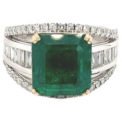 5 Carat Natural Emerald and Baguette Diamond 14k White Gold Art Deco Ring