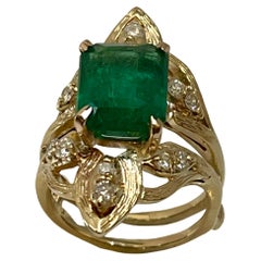 5 Carat Natural Emerald Cut Emerald & Diamond 14 Karat Yellow Gold Ring