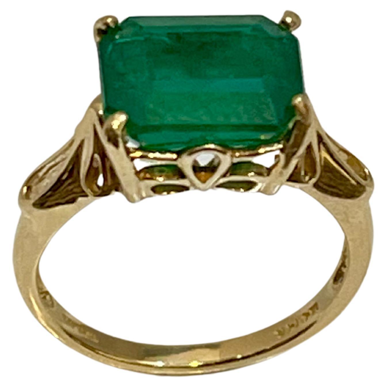 5 Carat Natural Emerald Cut Emerald Ring 14 Karat Yellow Gold Vintage