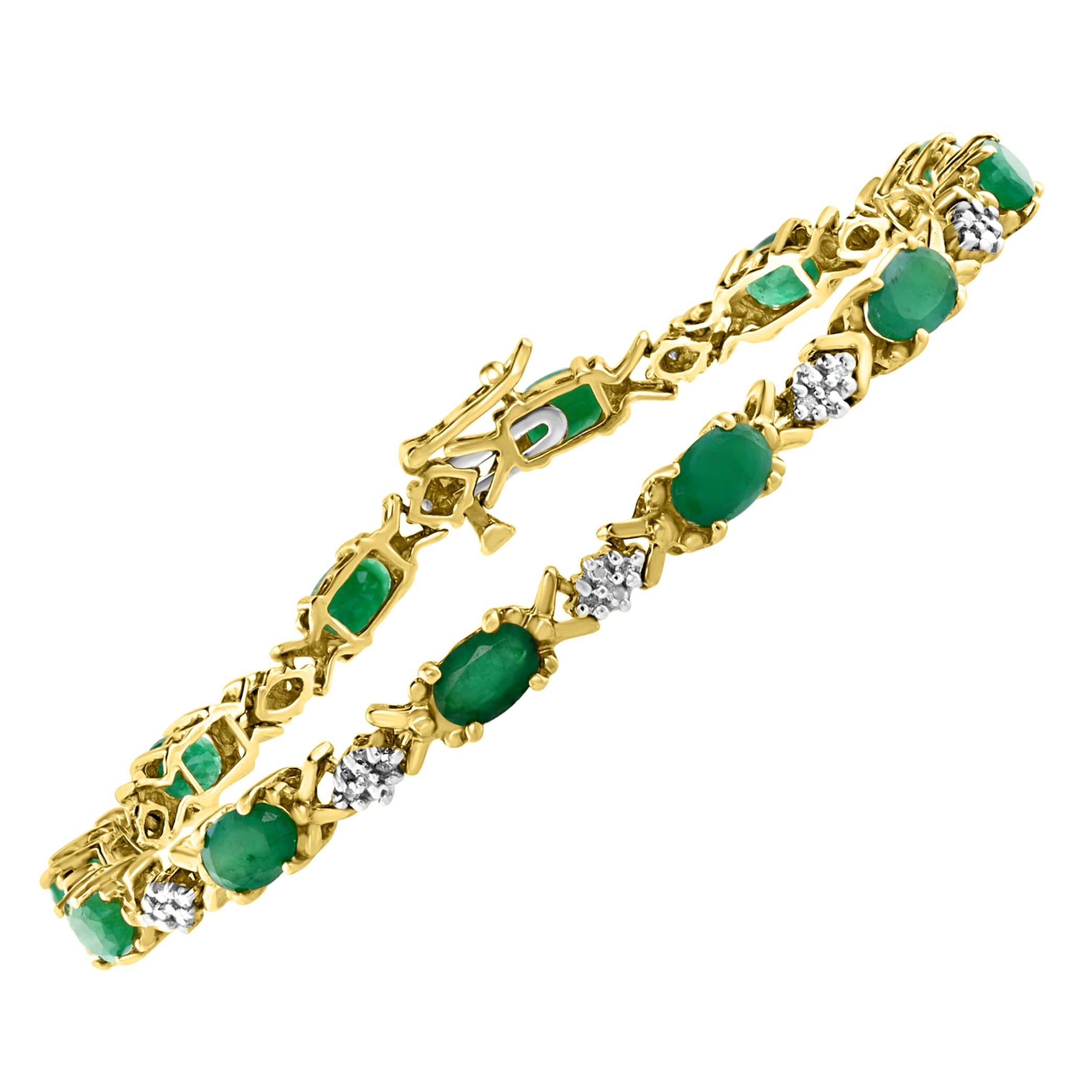 5 Carat Emerald Tennis Bracelet 10 Karat Yellow Gold with Diamond Accent