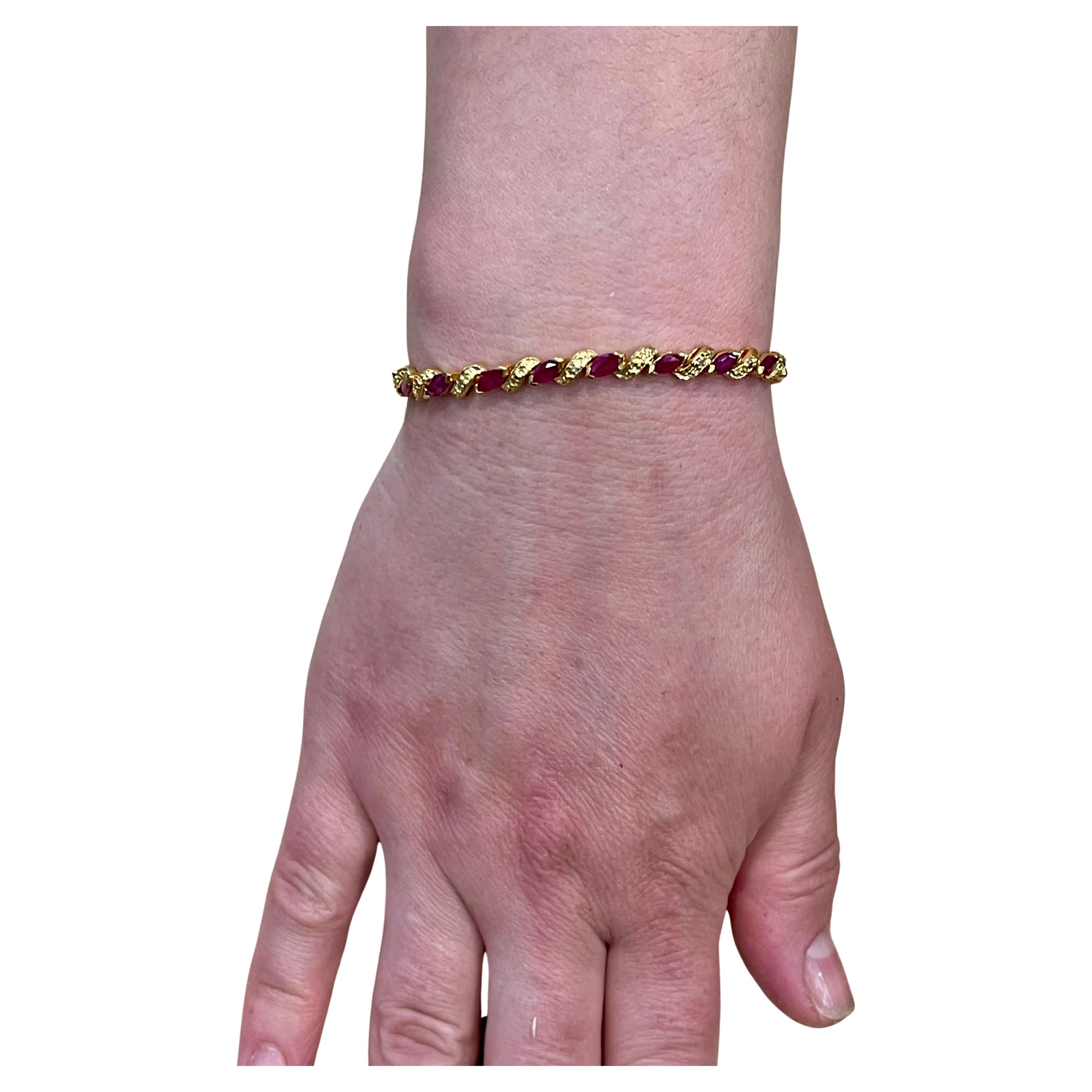 Marquise Cut 5 Carat Natural Marquise Ruby Tennis Bracelet 14 Karat Yellow Gold For Sale