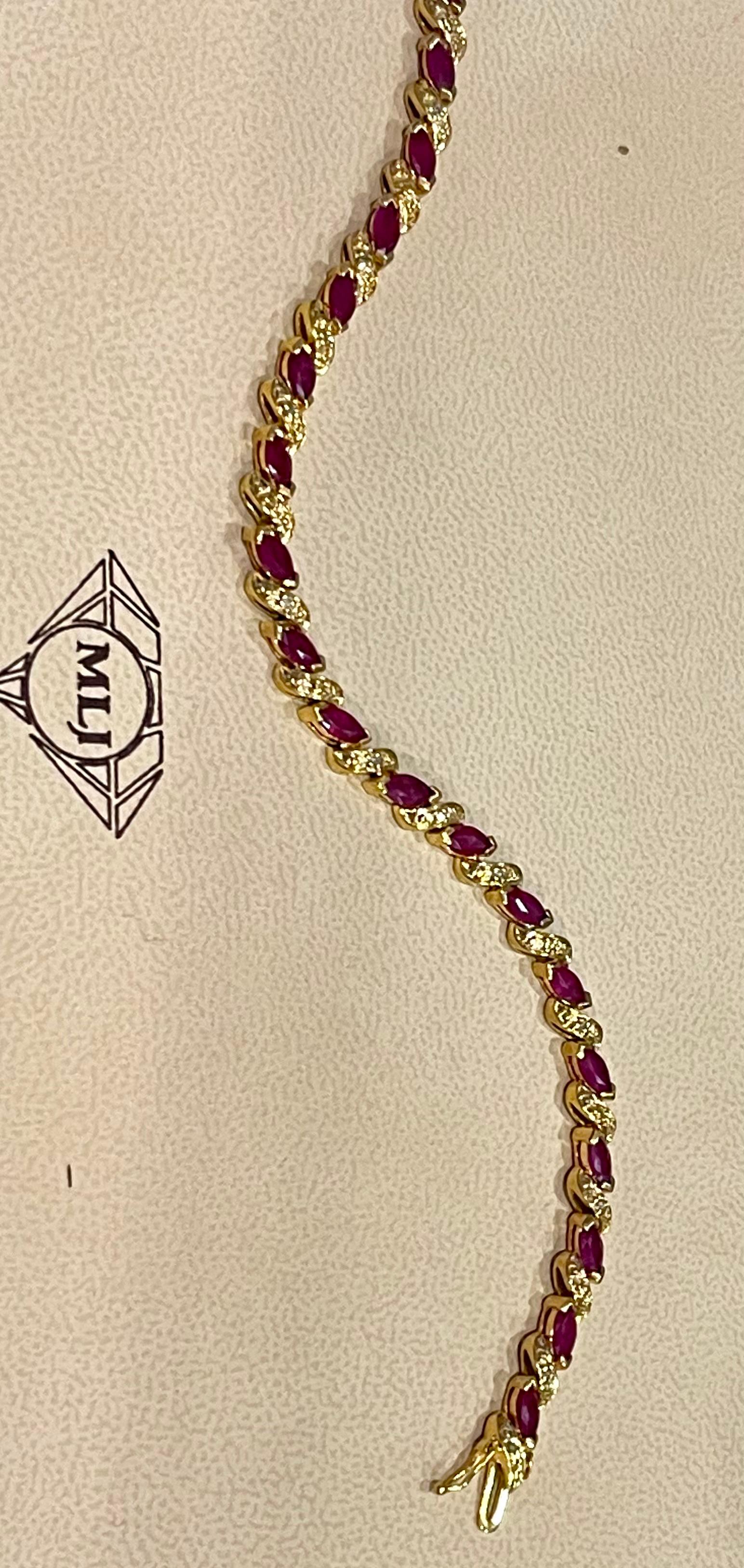 5 Carat Natural Marquise Ruby Tennis Bracelet 14 Karat Yellow Gold For Sale 3