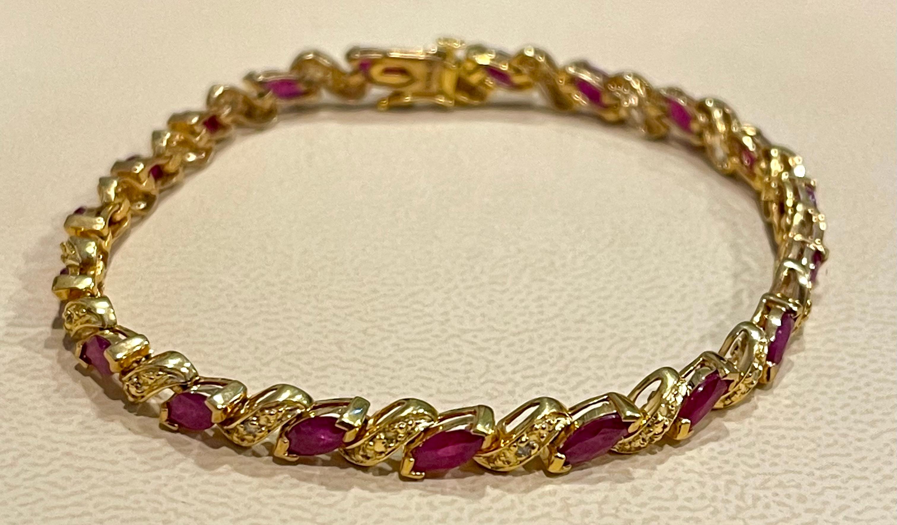 5 Carat Natural Marquise Ruby Tennis Bracelet 14 Karat Yellow Gold For Sale