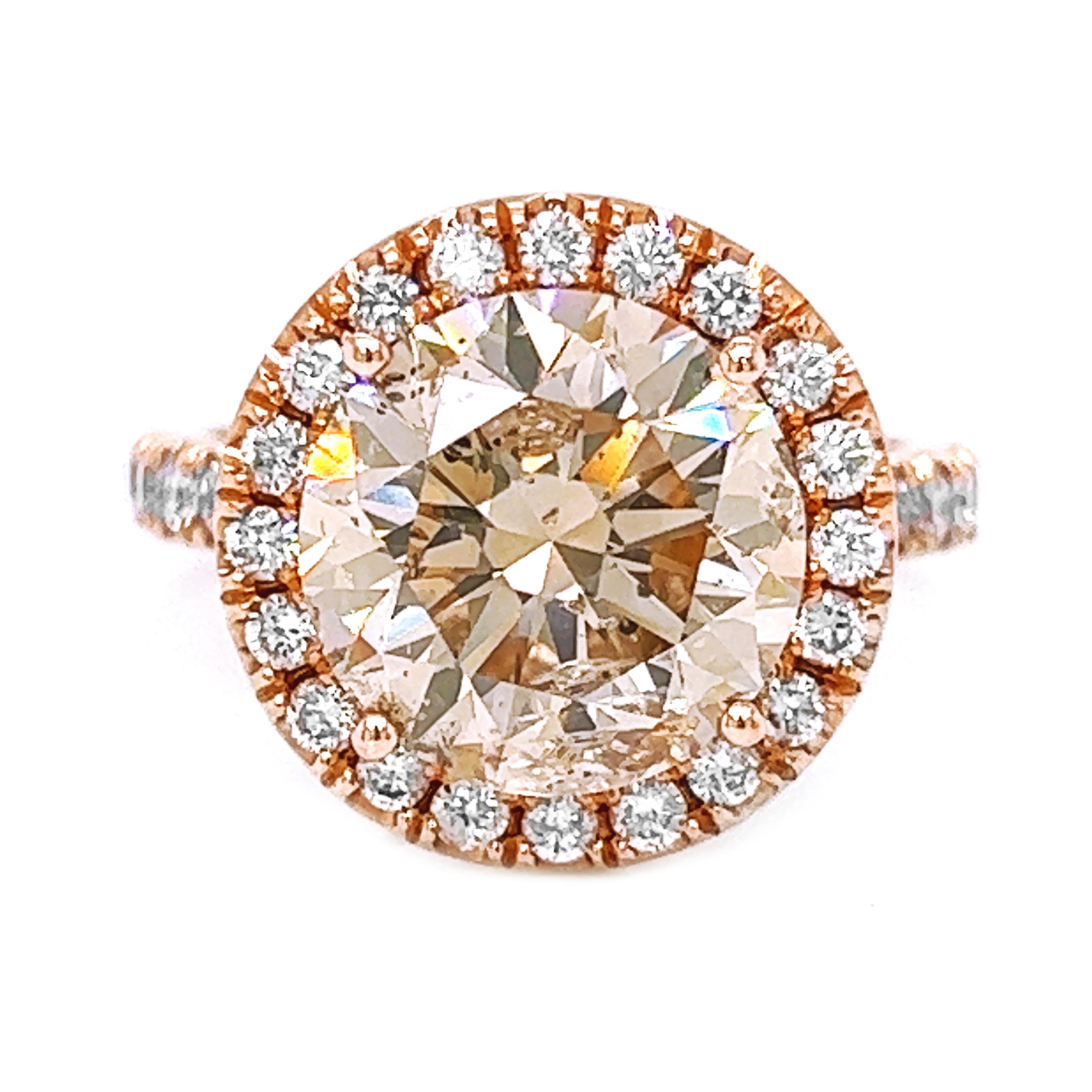 5 Carat Natural Mined Cognac Light Brown Diamond Halo Bridal 14KT Rose Gold Ring In New Condition For Sale In Los Angeles, CA
