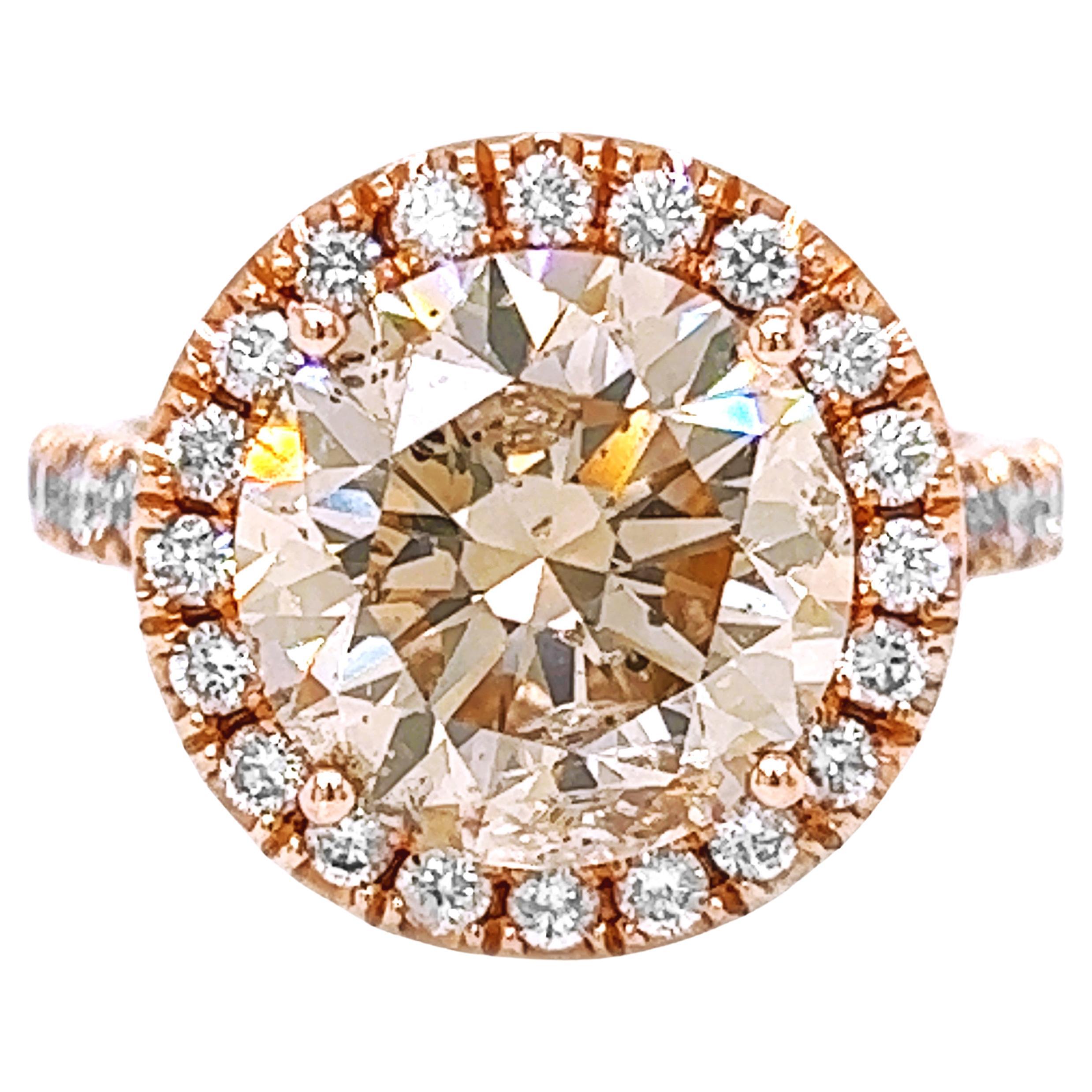 5 Carat Natural Mined Cognac Light Brown Diamond Halo Bridal 14KT Rose Gold Ring For Sale
