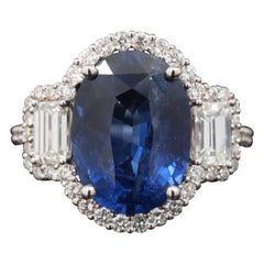 5 Carat Natural Sapphire Diamond Engagement Ring Set in 18K Gold, Cocktail Ring