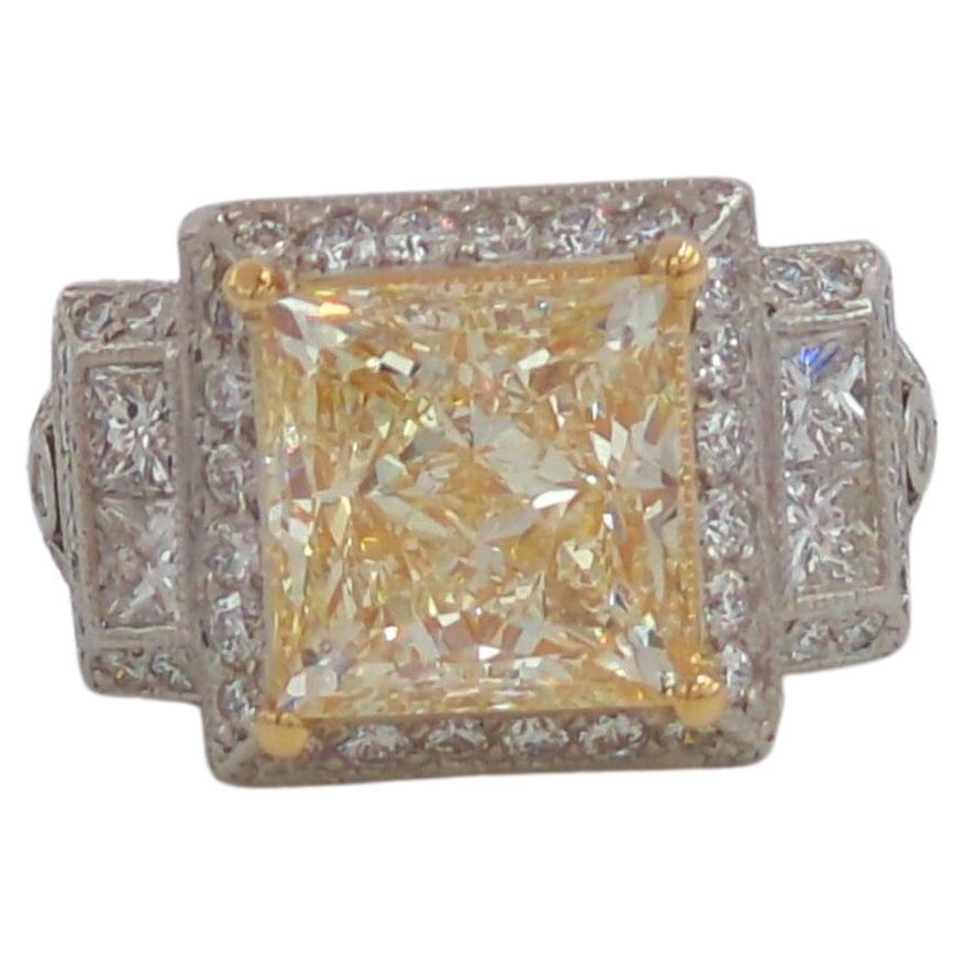 5 Carat Natural Yellow Diamond and White Diamond Ring in 14K 2Tone Gold For Sale