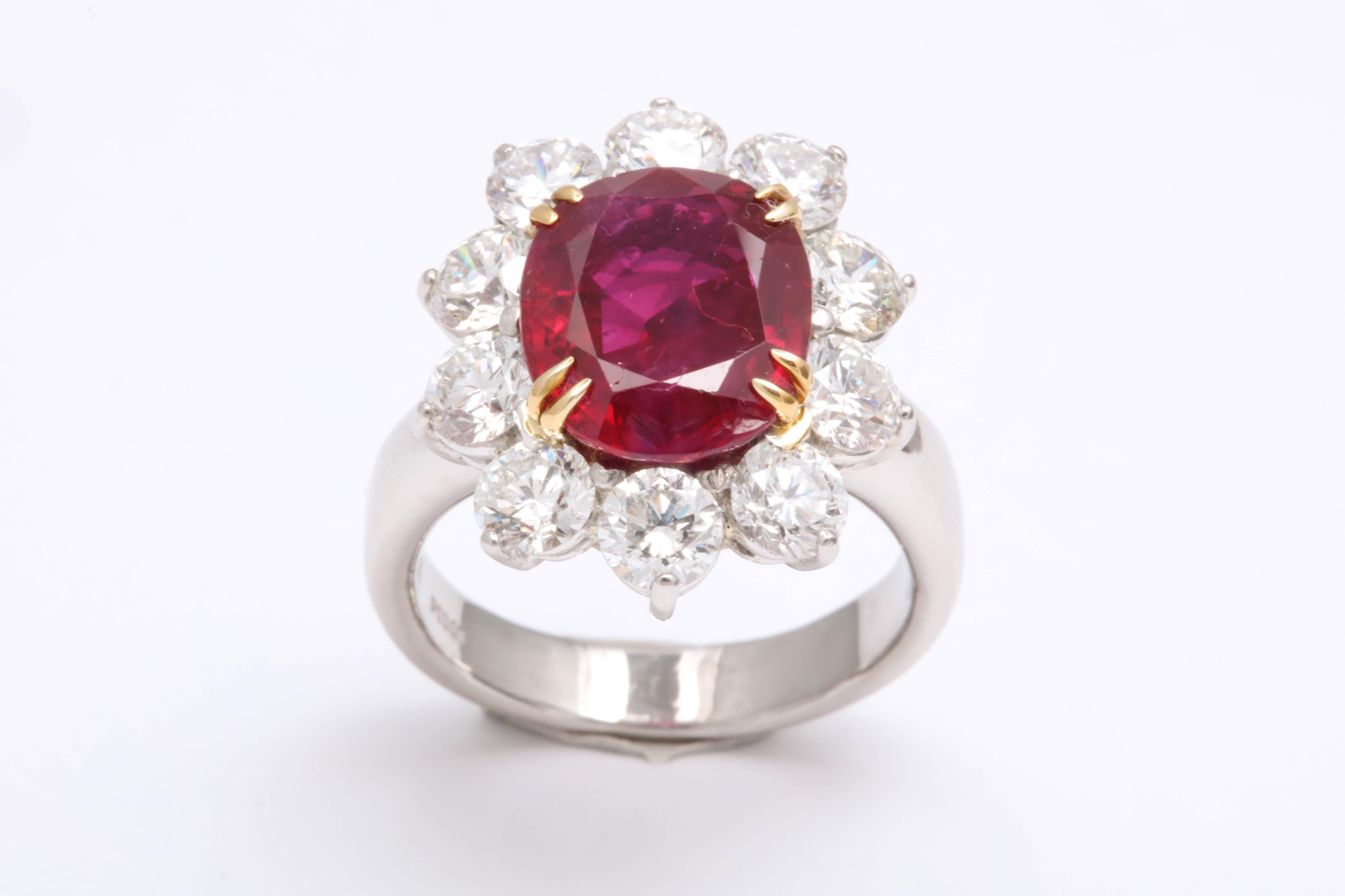 Cushion Cut 5 Carat No Heat Burma Ruby Diamond Ring For Sale