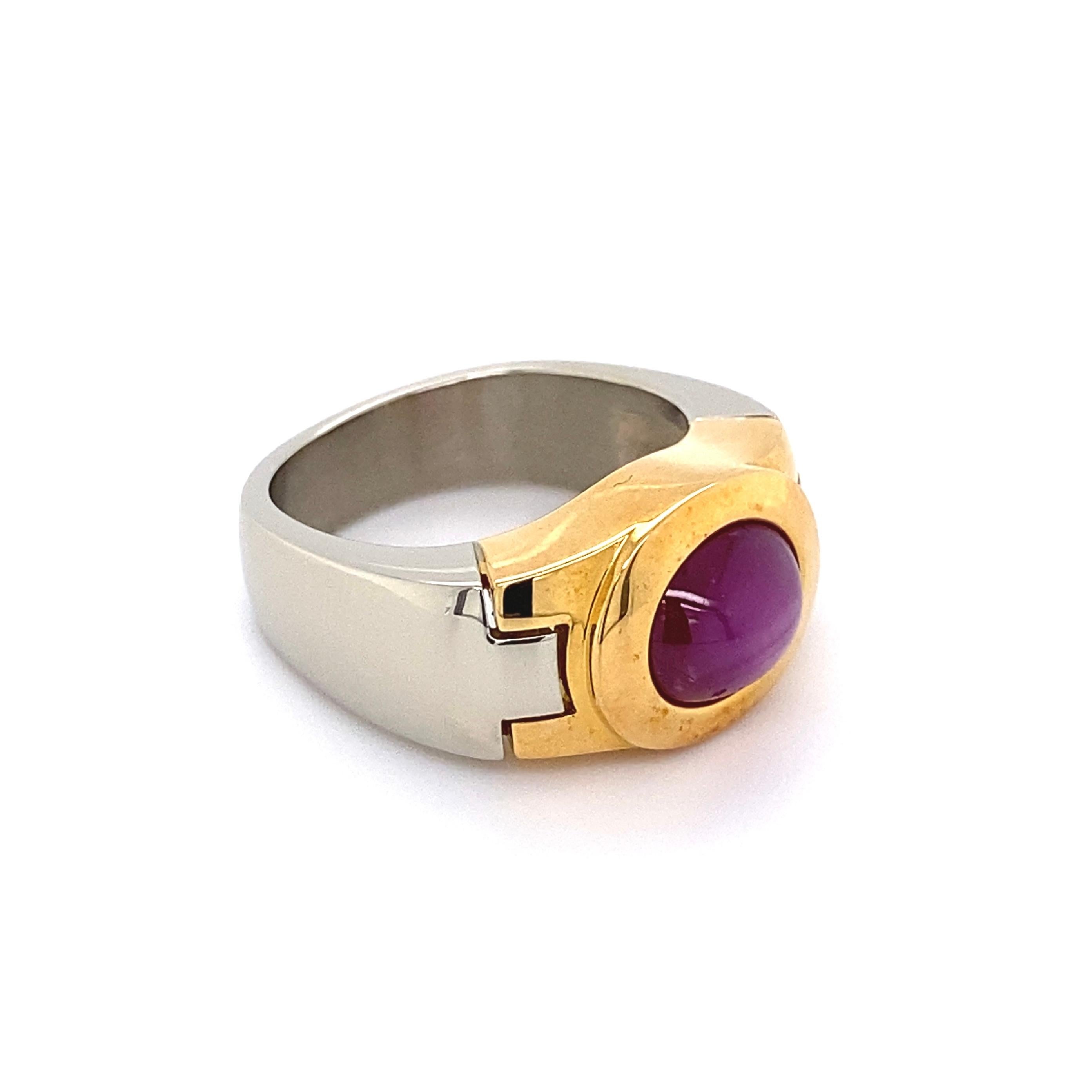 Handsome Gent’s NO HEAT 5 Carat Star Ruby Gold Signet Ring. Beautifully Hand crafted High Quality 2-tone 18 Karat Yellow and White Gold mounting. Measuring approx. 1.06” L x 0.87” W x 0.45” H. Ring size 7.25, we offer ring resizing. Accompanied by a