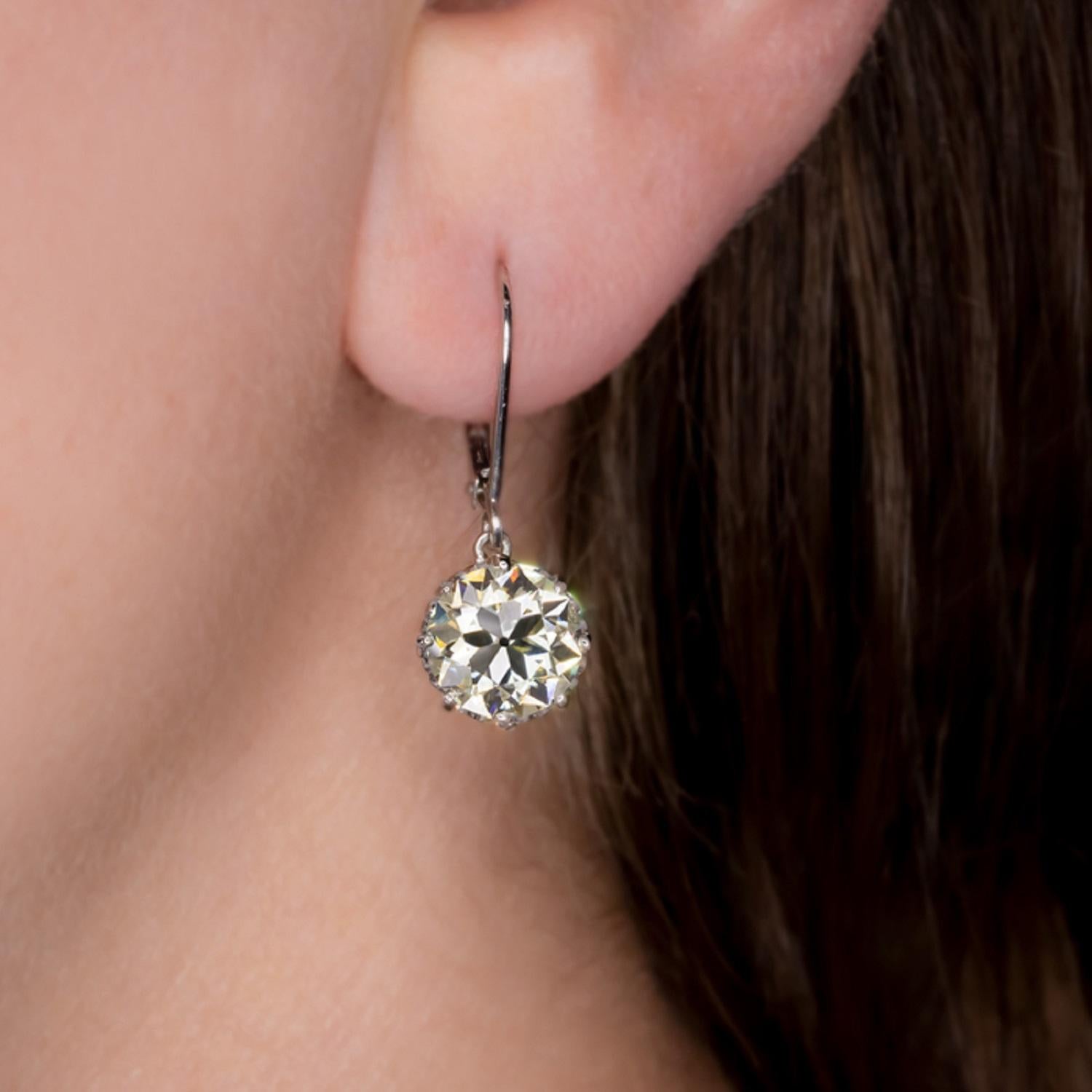 Old European Cut 5.08 Carat Old European Diamond Drop Dangle Platinum Earrings