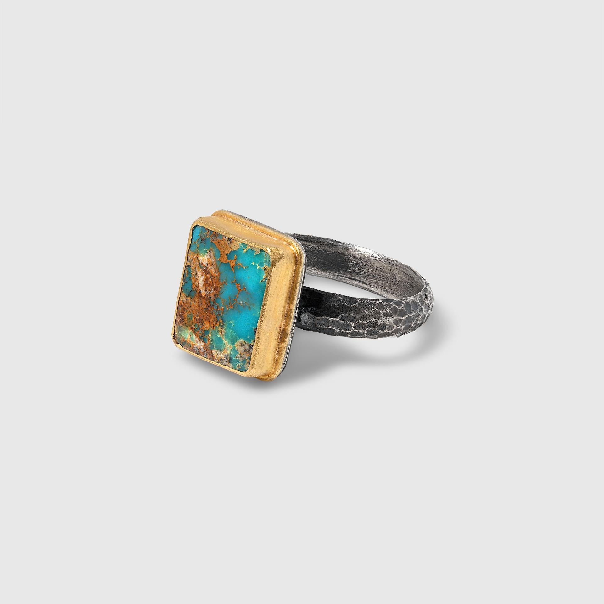 5 Carat Organic Turquoise Brown Teal Green Rectangular Ring 24K Gold & Sterling, Handmade by Prehistoric Works of Istanbul, Turkey, elk & HAMMER Gallery

24K Yellow gold - G995, 1.30 grams
Sterling silver, S925 - 4.00 grams
Turquoise - 5.00 ct
Size