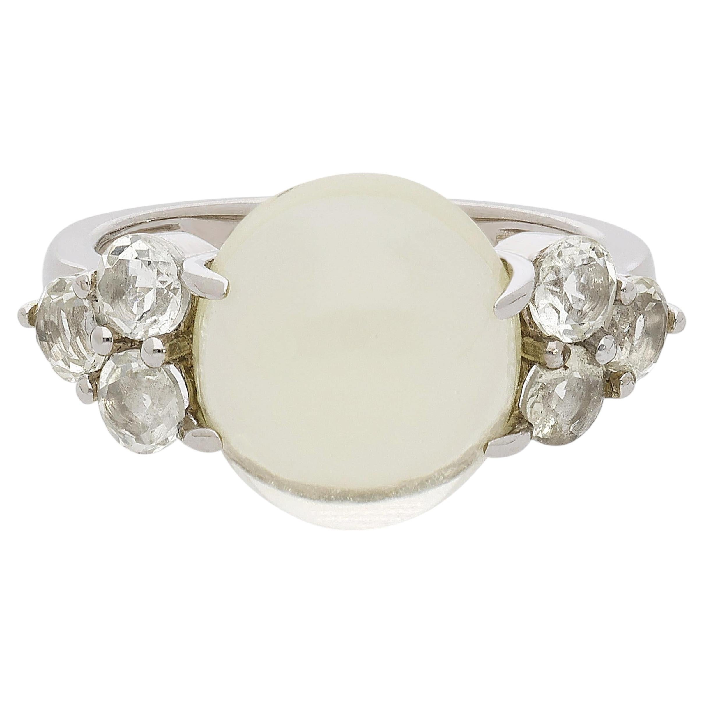 5 Carat Oval Cabochon Moonstone & Round Aquamarine 14K White Gold Cocktail Ring