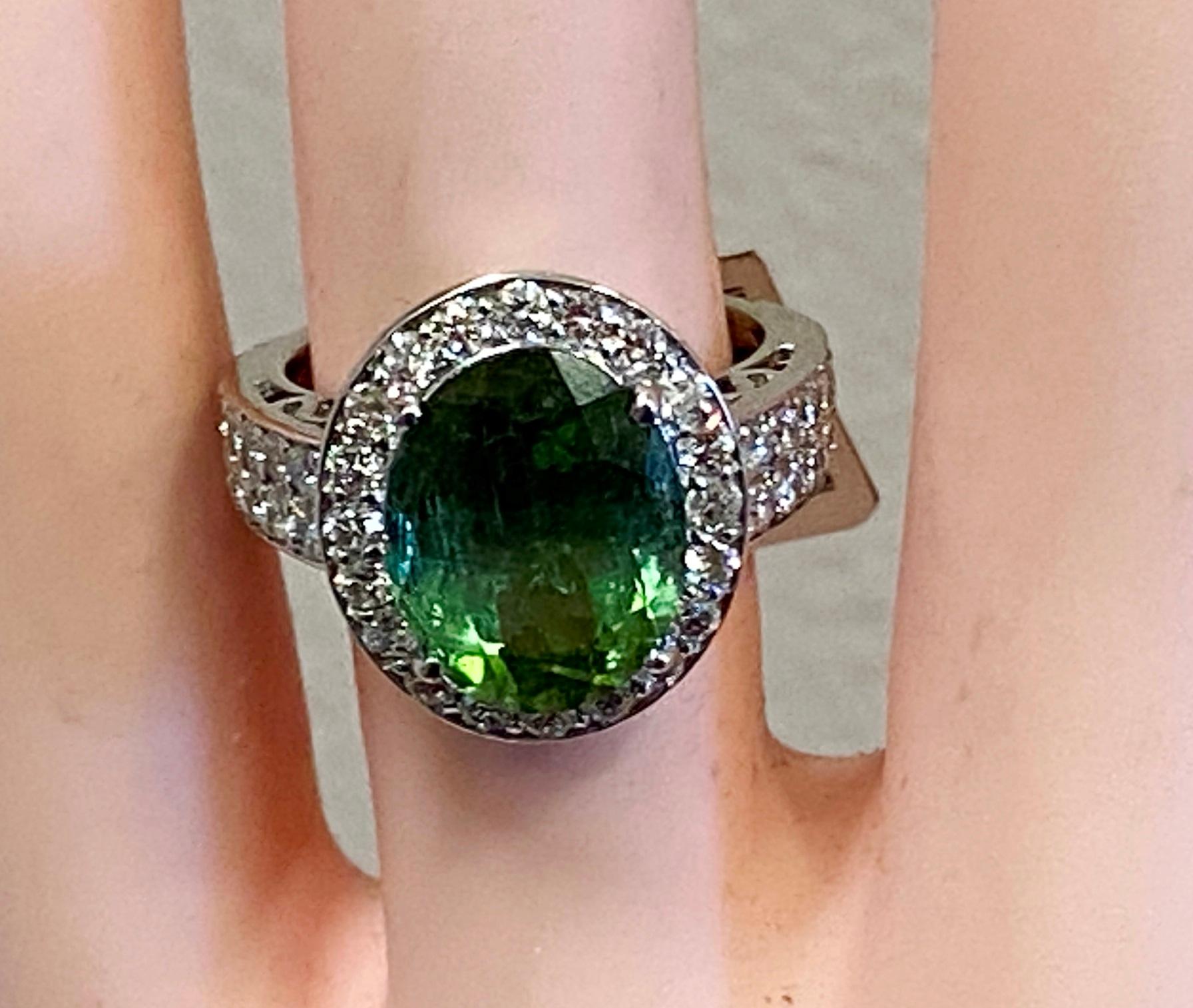 5 Carat Oval Cut Green Tourmaline and Diamond Ring in White Gold For Sale 1