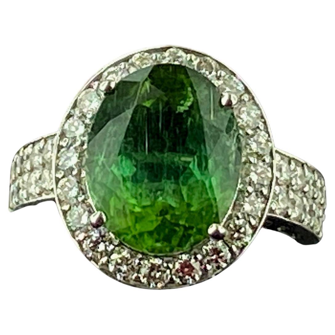 5 Carat Oval Cut Green Tourmaline and Diamond Ring in White Gold For Sale