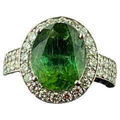 5 Carat Oval Cut Green Tourmaline and Diamond Ring in White Gold