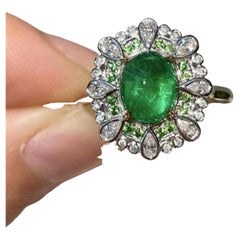 18K Gold 5 CT Natural Emerald and Diamond Antique Art Deco Style Engagement Ring