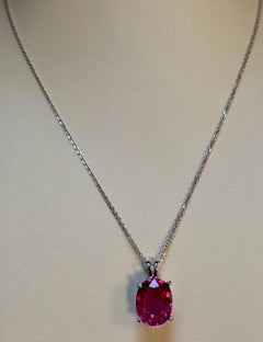 5 Carat Oval Cut Natural Pink Tourmaline 14 Karat White Gold Necklace, 18" Long
