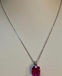 5 Carat Oval Cut Natural Pink Tourmaline 14 Karat White Gold Necklace, 18" Long