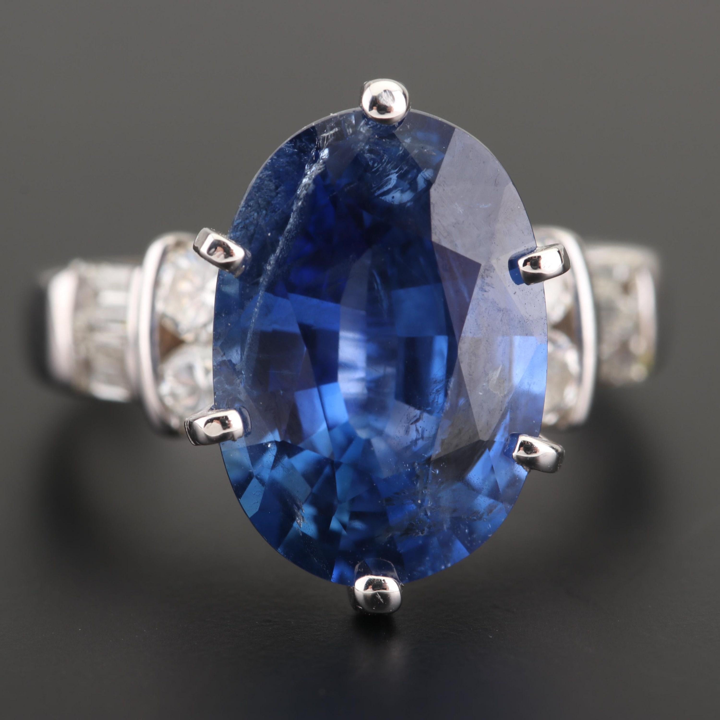 For Sale:  Art Deco 6 CT Certified Natural Sapphire and Diamond Engagement Ring in 18K Gold 6