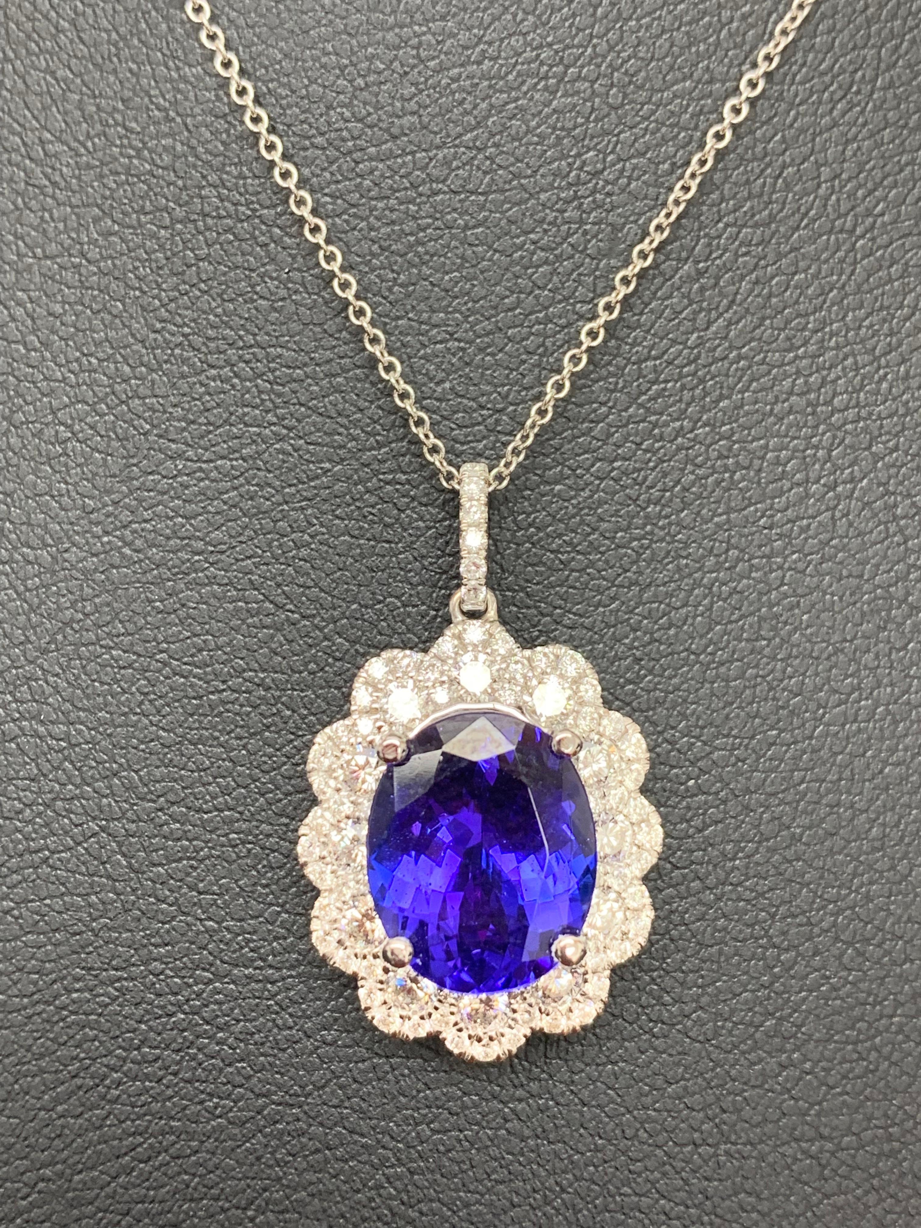 5 Carat Oval Cut Tanzanite and Diamond Halo Flower Pendant Necklace In New Condition For Sale In NEW YORK, NY